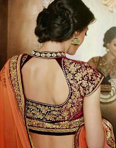 Backless Maroon embroidered velvet blouse