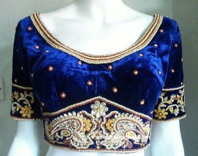 Blue heavily embellished velvet blouse