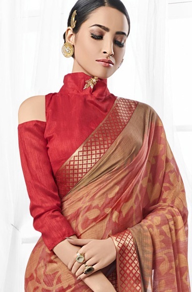 Cold shoulder collar red saree blouse pattern
