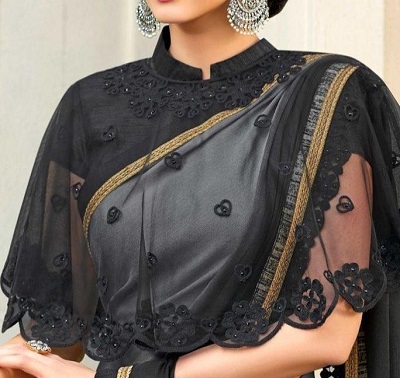 Collared saree blouse with net Cape