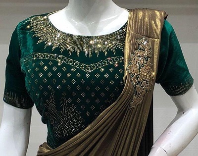 Embellished green velvet blouse for lehenga and sarees