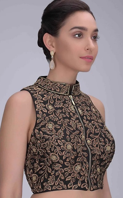 Embroidered black coloured blouse with front zip