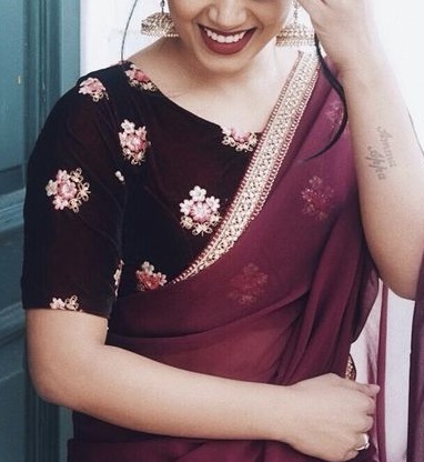 Embroidered velvet Maroon saree blouse