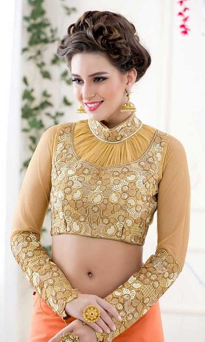 Golden high neck collar full sleeve saree blouse design