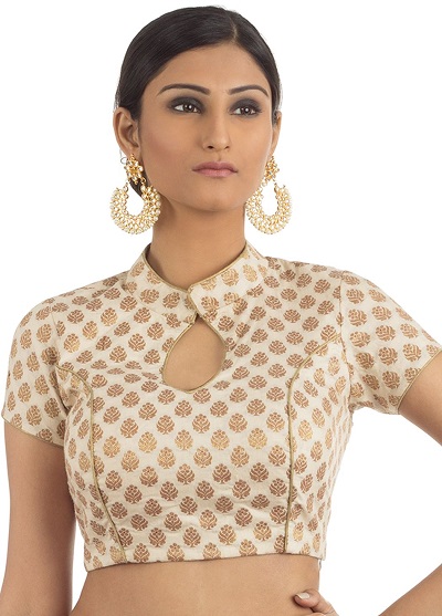 Ivory white high neck saree blouse with medium sleeves