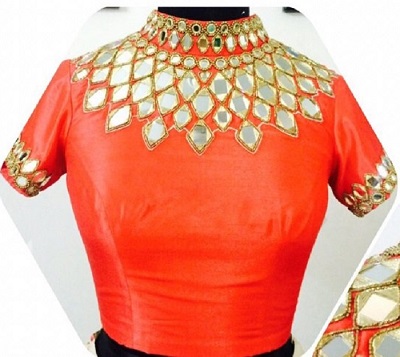 Mirror work collared orange saree blouse