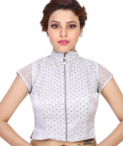 Patch Work White embroidered high neck blouse with zipper