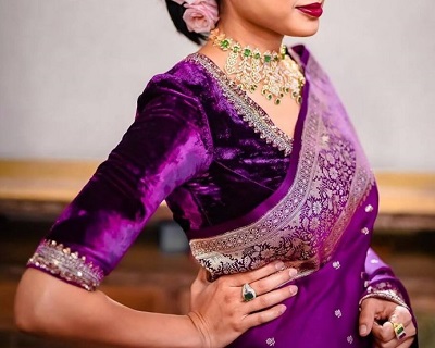 Royal purple velvet saree blouse design