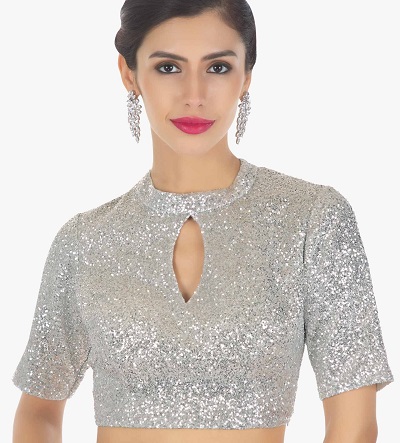 Silver glitter saree blouse with keyhole collar design