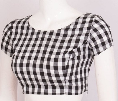 Black and white check print round neckline blouse for sarees
