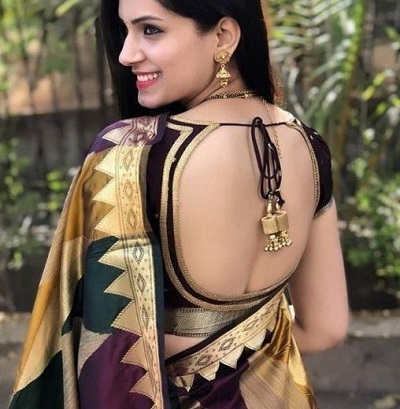 Black art Silk backless blouse pattern for silk sarees