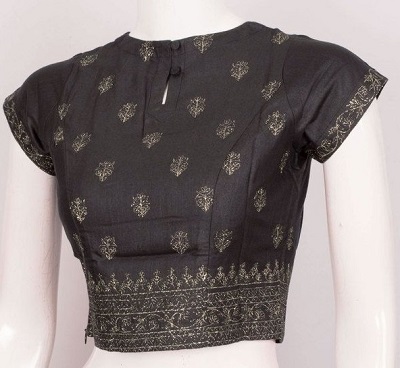 Black cotton silk saree short sleeves blouse.