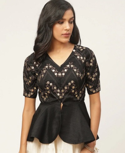 Black heavy embroidered art silk fabric blouse design