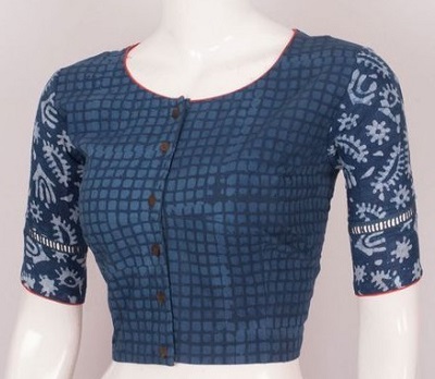 Blue printed round neckline button blouse pattern