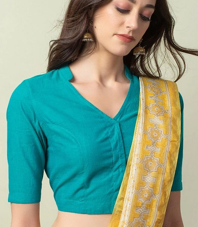 Blue saree blouse with half high neck pattern