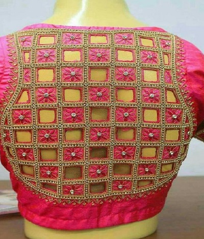 Chequered cutwork Pink blouse design