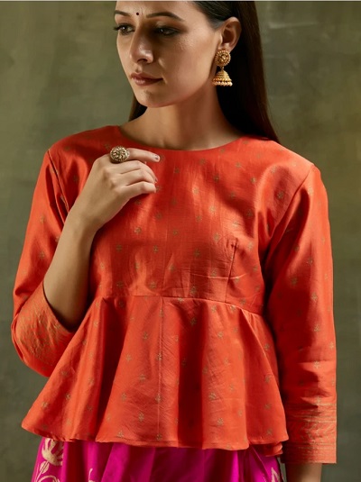 Cotton silk fabric full sleeves peplum blouse design