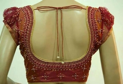 Deep back neckline net fabric Saree blouse