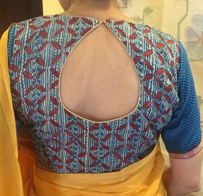 Designer blue printed saree blouse design