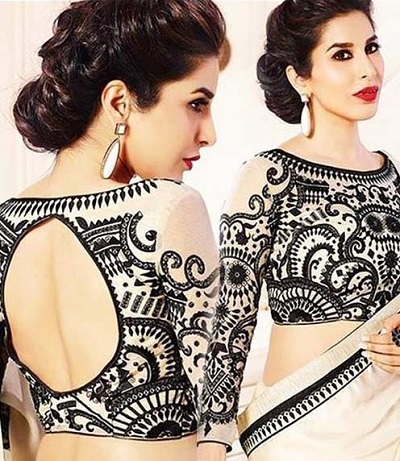 Full sleeves boat neckline printed saree blouse pattern