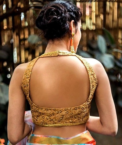 Golden backless blouse for party wear saree