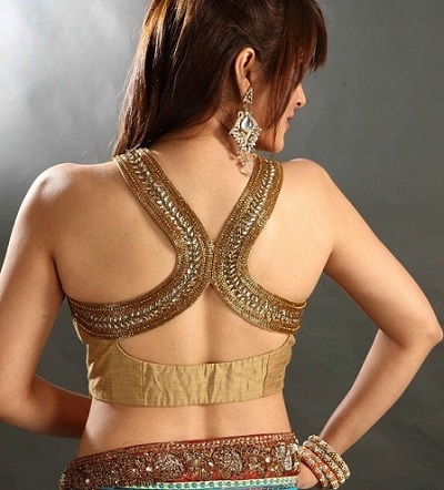 Golden backless blouse with collar design
