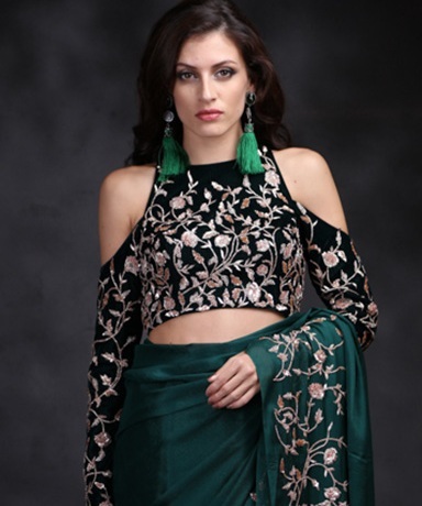 Heavily embroidered saree blouse design cold shoulder pattern