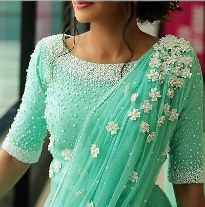 Mint green boat neckline function saree blouse
