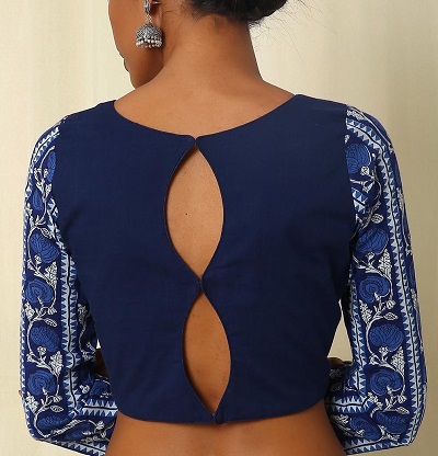 Stylish navy blue printed double keyhole cotton blouse