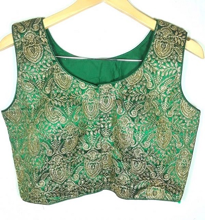 Green sleeveless Banarasi blouse design