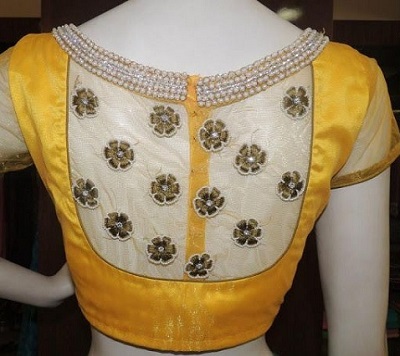 Net fabric floral Patchwork blouse back design