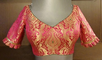 Stylish Banarasi blouse with pleated sleeves
