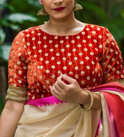 Velvet saree work round neckline blouse design