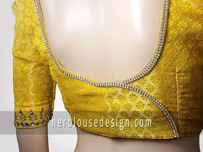 Yellow Banarasi blouse with designer back neckline