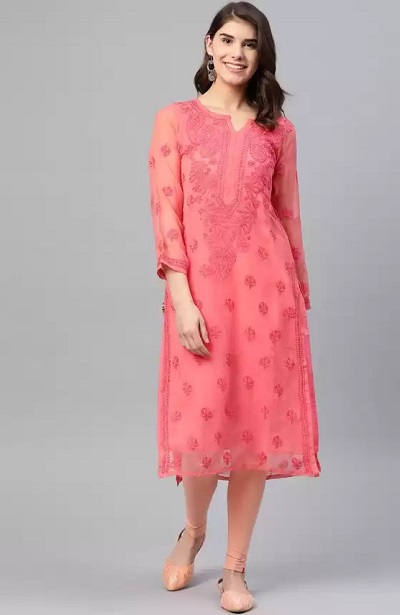 Coral Pink Stylish Georgette Kurti For Office