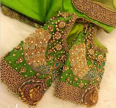 Embellished Sleeves Green Silk Blouse Design