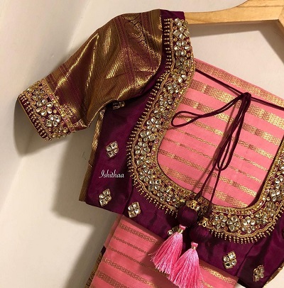 Kundan Maggam work silk saree blouse design