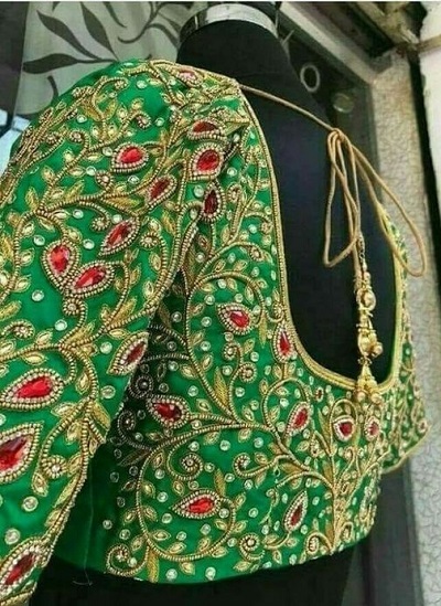 Zari Maggam Work Green Bridal Blouse Pattern