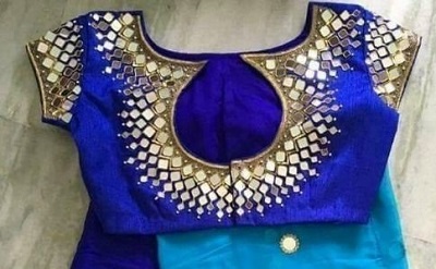 Blue Silk Square Mirror Embroidered Blouse