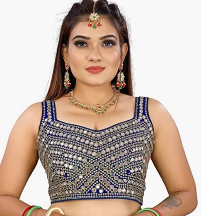 Blue Sleeveless Mirror Embroidered Saree Blouse