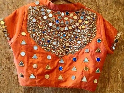 Collared Orange Heavy Mirror Work Blouse