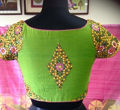 Embroidered Mirror Cotton Green Blouse