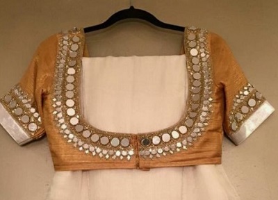 Golden Deep Back Mirror Embellished Party Wear Blouse