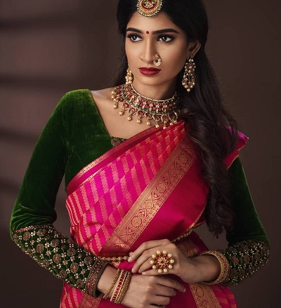 Green Velvet Embellished Long Sleeve Saree Blouse Design