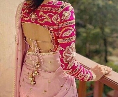 Half Backless Full Sleeves Embellished Silk Blouse