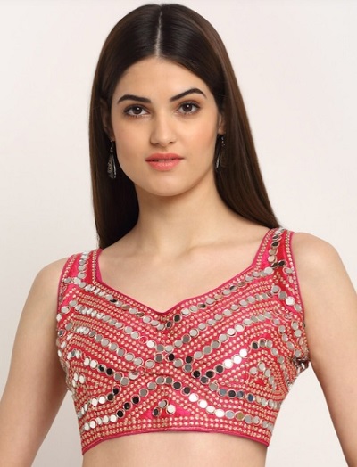 Red Mirror Embellished Saree Blouse