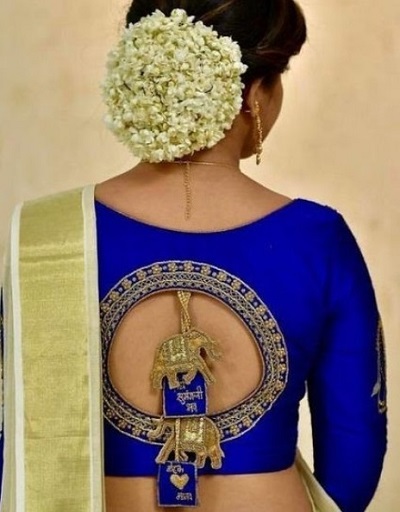 Round Cut Blue Silk Blouse Design