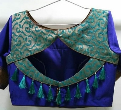 Silk Blouse Patchwork And Tassel Back Neck Design