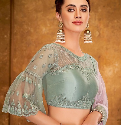 Bell Sleeves And Net Saree Blouse Design