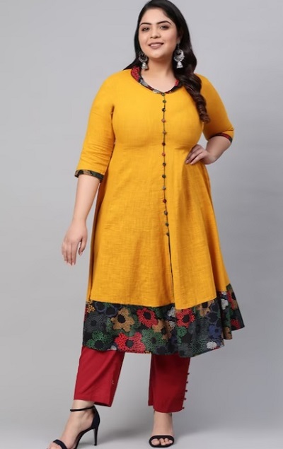 Cotton Solid Yellow Kurta For Fat Women